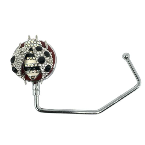 BLING LADYBUG PURSE BAG HOOK HOLDER RED RHINESTONE FOLDING TABLE HANDBAG HANGER - Picture 3 of 4